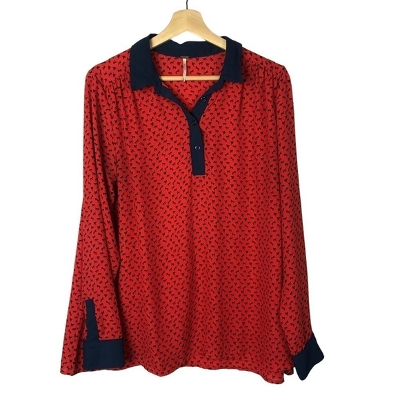 Free People Red & Blue Horse Print Long Sleeve Blouse M - Picture 3 of 6
